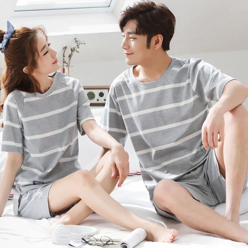 Couple Nightwear Suit Summer Sweet Short Sleeve Pajamas Striped Casual Homewear Men Big Yards M-3XL Cotton Pijamas Mujer