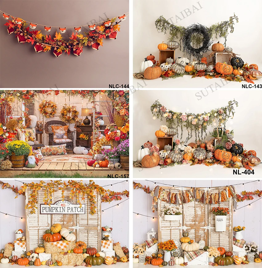 Halloween Pumpkin Backdrops for Photography Thanksgiving Autumn Gifts Backgrounds Haystack Decoration Backdrop Rustic Wood Wall