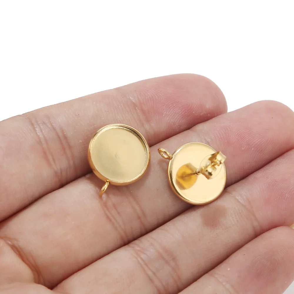 40pcs Wholesale Gold Earring Posts Studs Settings Bezels Cabochons Tacks with Loop 12mm Glue Pad Setting