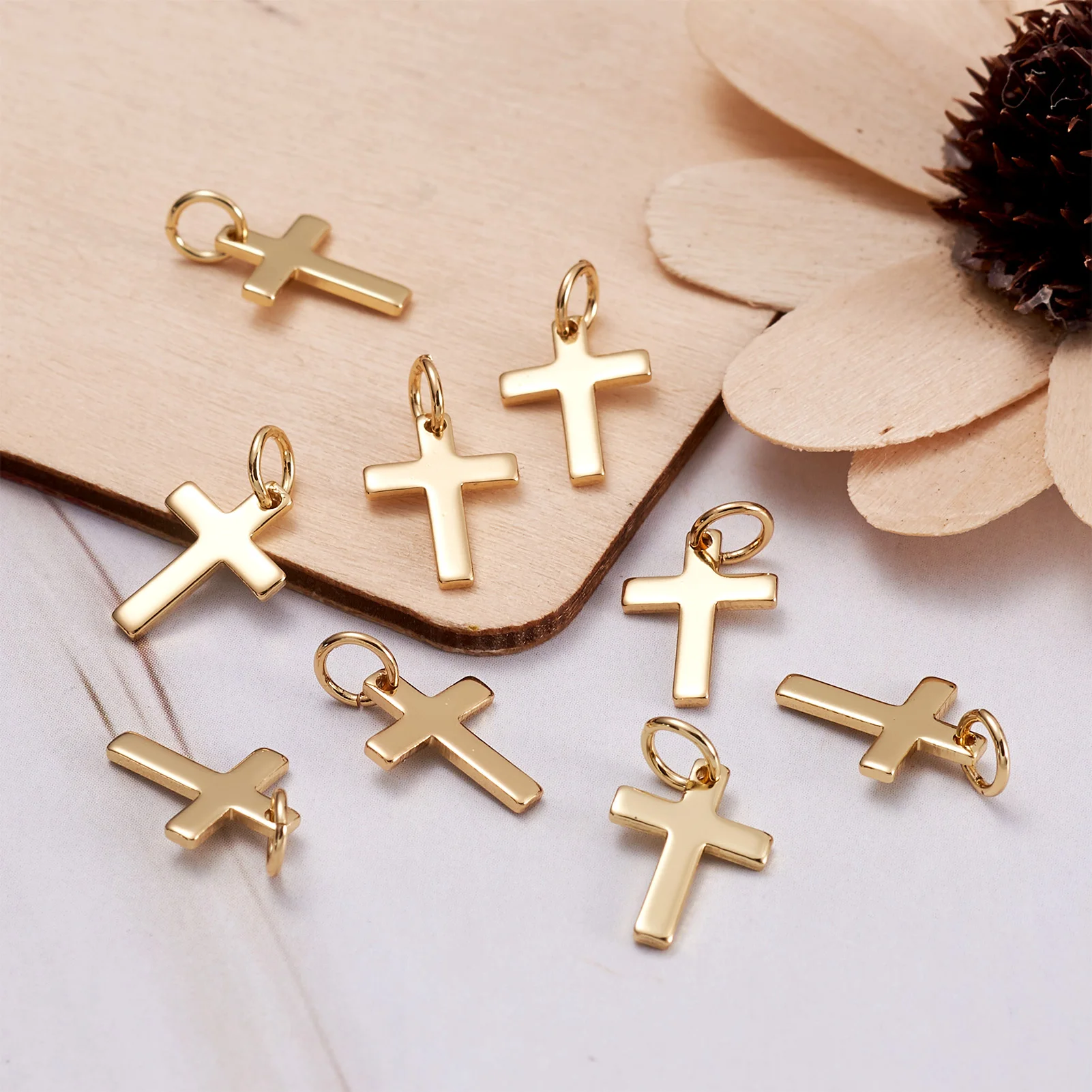 10Pcs Fashion Brass Mini Cross Pendant Real 18K Gold Plated Cross Charms With Jump Rings For Necklace Earring DIY Jewelry Making