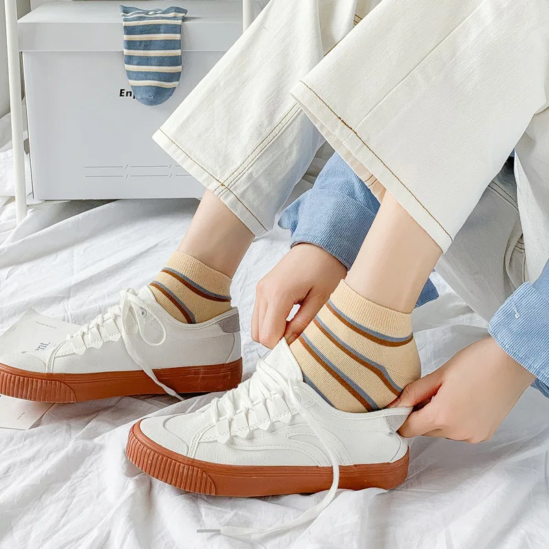 Ankle Socks Women Elegant Cotton Plaid Stripe Pattern Patchwork color Blue White Short Sock Casual Hajuruku Streetwear Cute Sox image 2