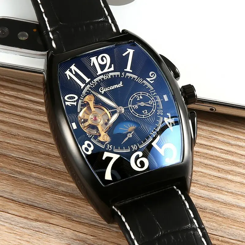 Luxury Automatic Mechanical Watches Men Moon Phase Skeleton Retro Self Winding Wristwatch Male Gold Case Clock Leather Watches