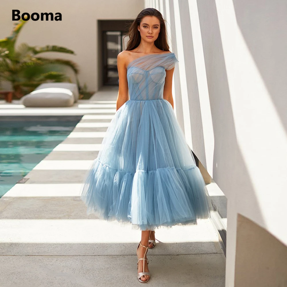 Booma Eenvoudige Blauwe Tulle Midi Prom Jurken Een Schouder Tea-Lengte A-lijn Wedding Party Jurken Open Back Graduation Jurken