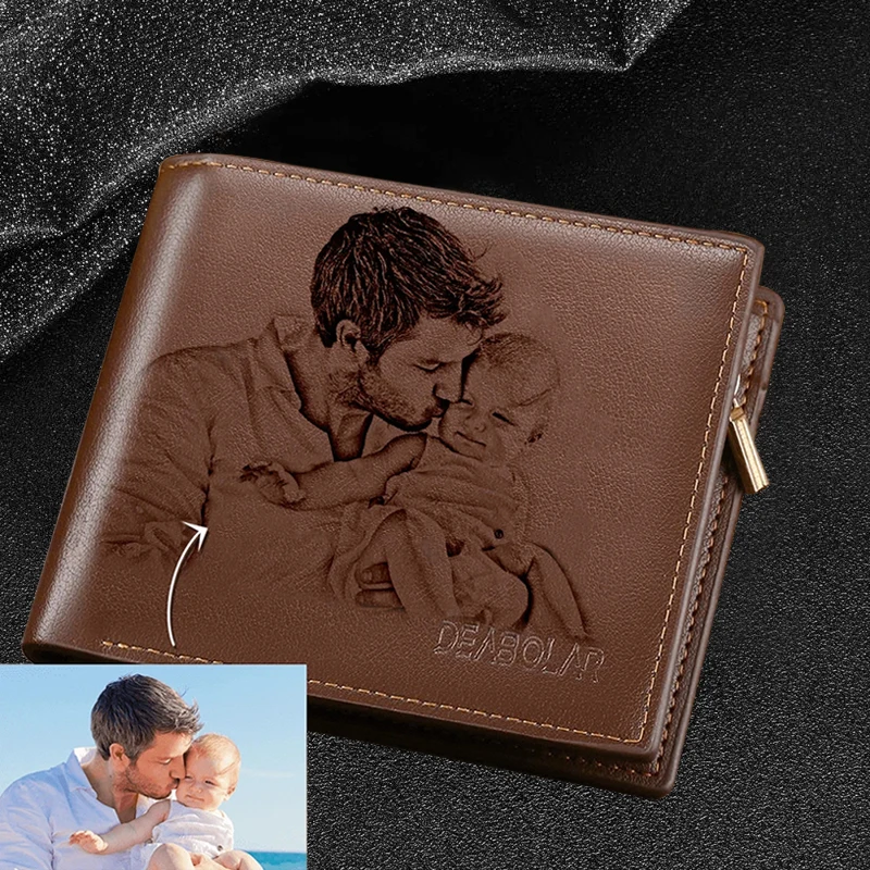 Engraving Picture Wallet DIY Customized Image Carving Text Men's  Short Slim Three Fold Leather Father's Day Zipper Coin Purse