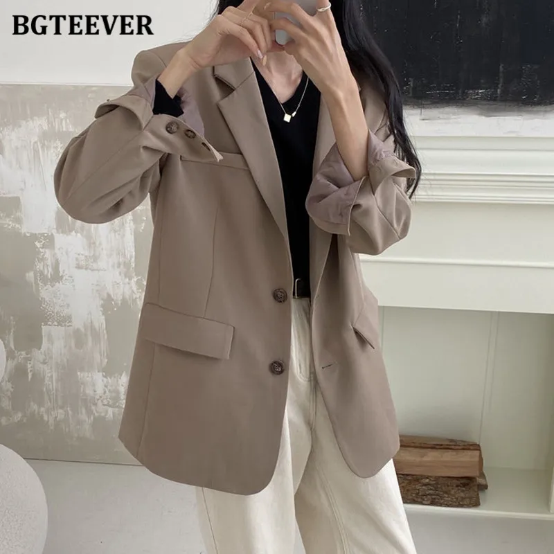 BGTEEVER Stylish Chic Notched Collar Women Blazer Jackets 2022 Spring Long Sleeve Single-breasted Casual Female Suit Coats