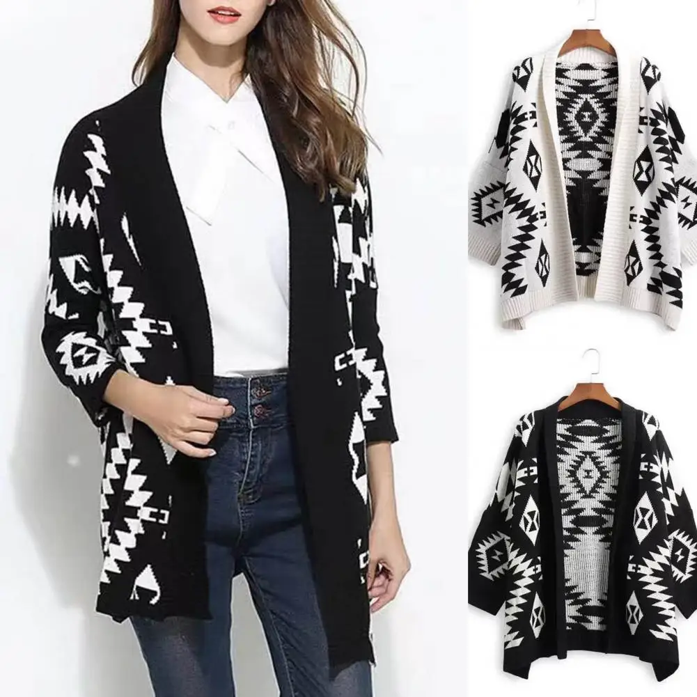 Lady Sweater Coat Cardigan Knitted Casual Ethnic Print Vintage Winter Loose Casual Sweater Jacket Knitwear Korean Fashion