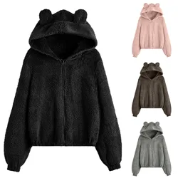 Sudaderas con capucha mullidas para mujer, sudadera Kawaii, lindo gorro de oreja de oso, Jersey cálido de manga larga, prendas de vestir, abrigo de lana Moletom, nuevo, Otoño e Invierno