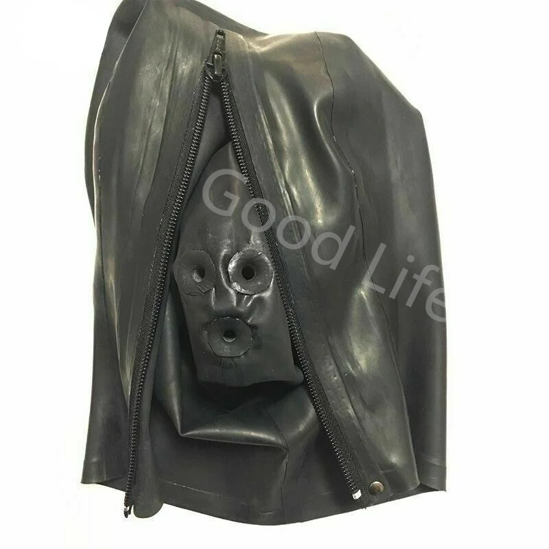 Full Cover Latex Hood with Fixed Hollow Mouth and Nose Tube Rubber Fetish Latex Mask Back Zipper Halloween Cosplay Headgear