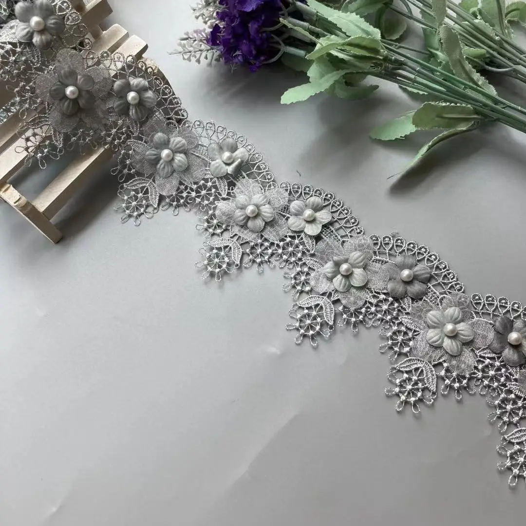 2 Yards Gray Grape Flowers Pearl Lace Trim Ribbon Embroidered Knitting Wedding Dress Handmade Patchwork Sewing Supplies Crafts