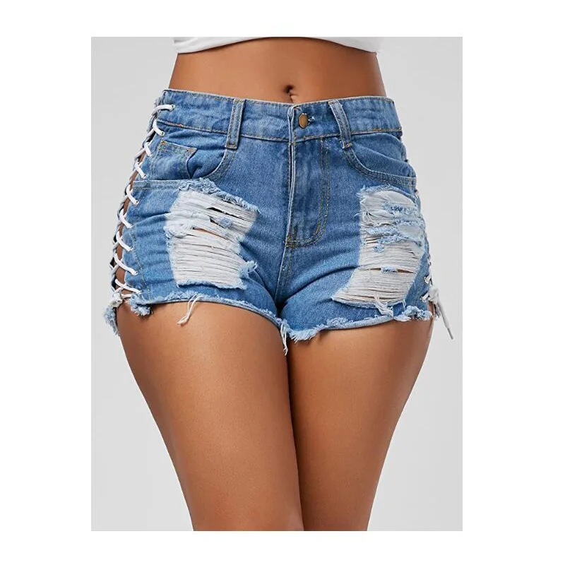 2023 New Sexy Summer Women Denim Shorts Black Blue High Waist Ripped Short Jeans Femme Tassel Lace Up Bandage Hotpants