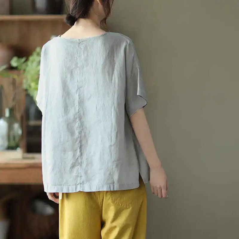 Vintage Clothes Cotton Linen Shirt Women Elegant Blouse Short Sleeve Summer Ladies Tops Loose Casual