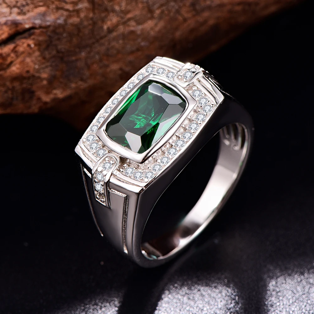 BONLAVIE 925 Sterling Silver Long Cushion Emerald with Small Zircon Men\'s Ring for Wedding and Engagement Jewelry Gift