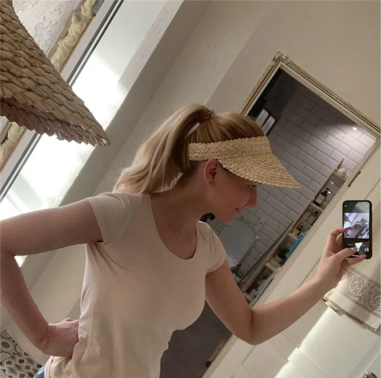 Women Handmade raffia straw hat Sun visor hat Sunscreen Lady holiday beach UV protection Topless stab INS fashion caps
