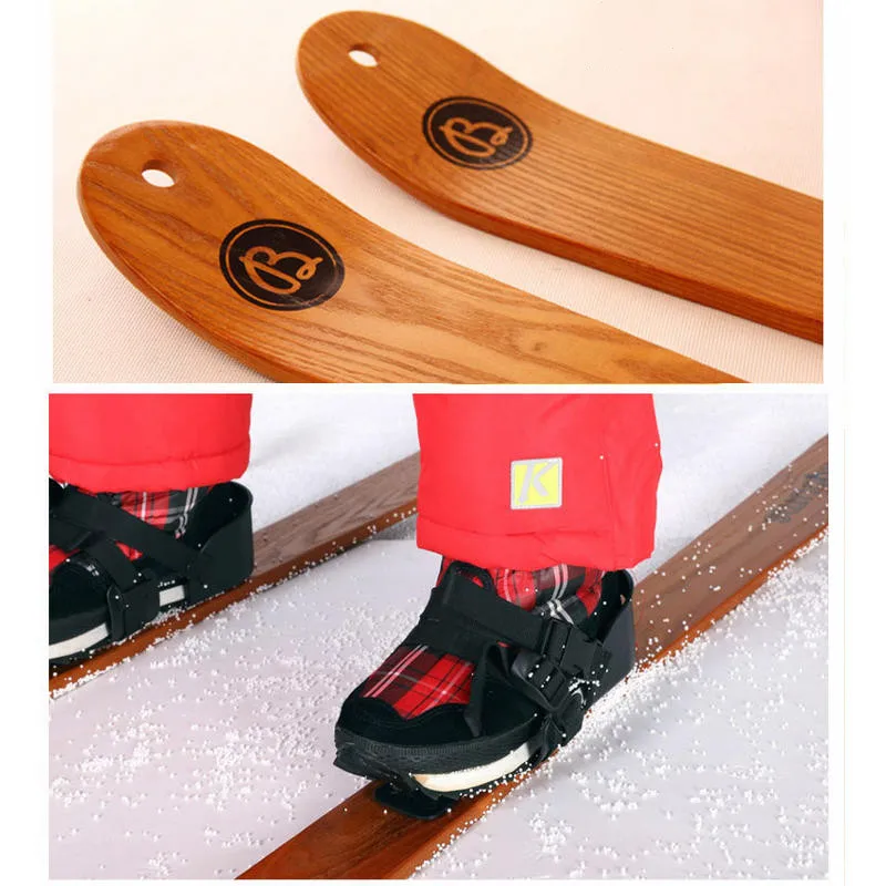 HAGIBIS Beginner Snow Skis and Poles Willow Wooden Snowboard  110cm/130cm x 7cm, Outdoor Snow Sled