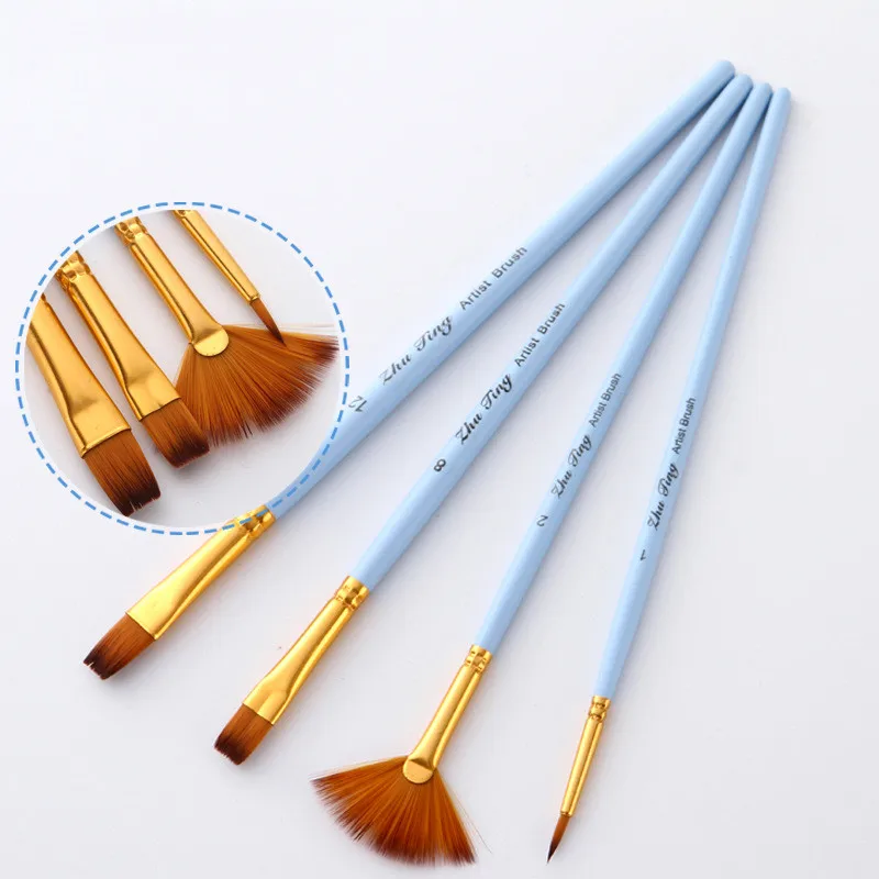 4pcs Acrylic Nylon Hair Wooden Handle Watercolor Paint Brush Pen Set for Learning Diy Oil Painting Art Paint Brushes Supplies