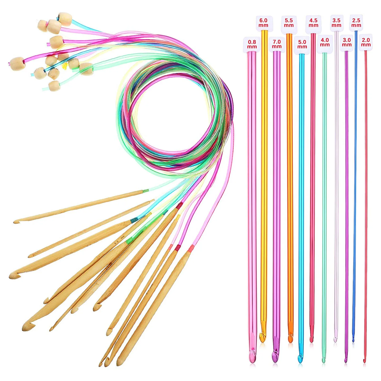 23PCS Aluminum Tunisian Crochet Hook Set Natural Bamboo Flexible Knitting Needles About 3-10mm with Beads Sewing Tools