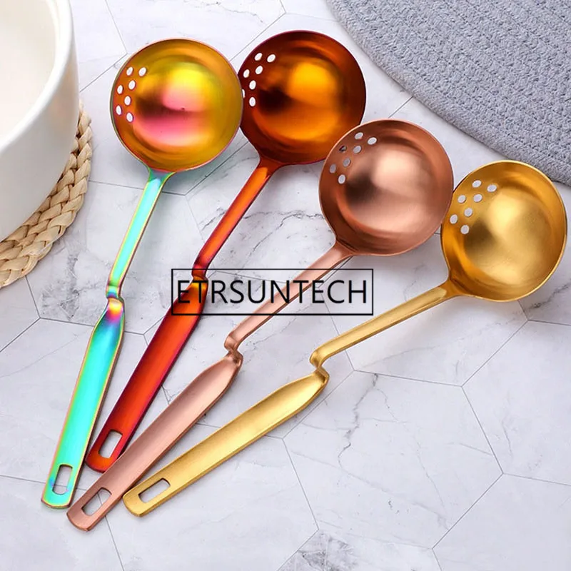 

50pcs Stainless Steel Long Handle 2 in 1 Soup Ladle Spoon Gold Bending Hot Pot Soup Colander Cooking Strainer Scoop