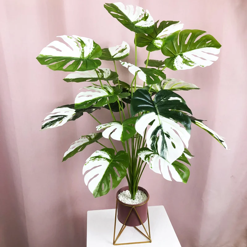 75cm 24 Head Tropical Monstera Large Artificial Plants Fake Palm Tree White Turtle Leaf Real Touch Leaves For Home Wedding Decor