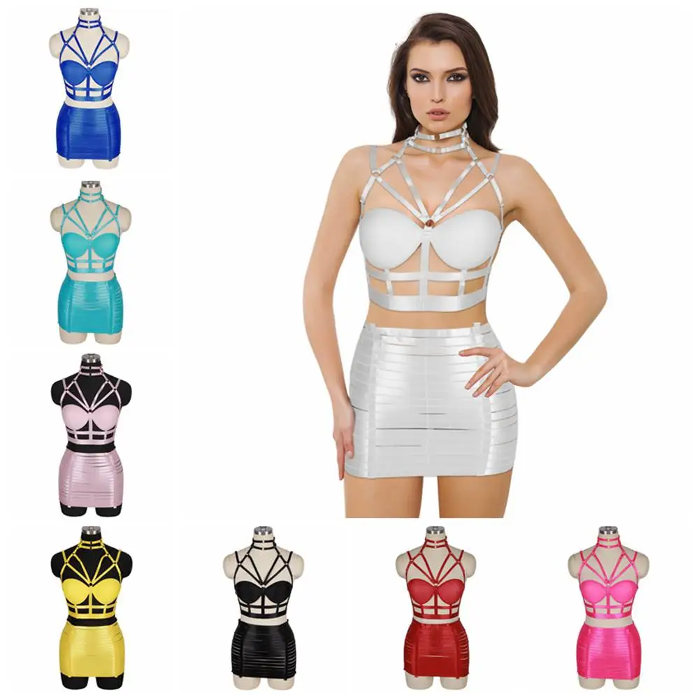 

2pc Harness Body Bra Bondage Skirt For Women Lingerie Set Fashion Sexy Cage Punk Gothic Dance Festival Rave Wear Garters Belt