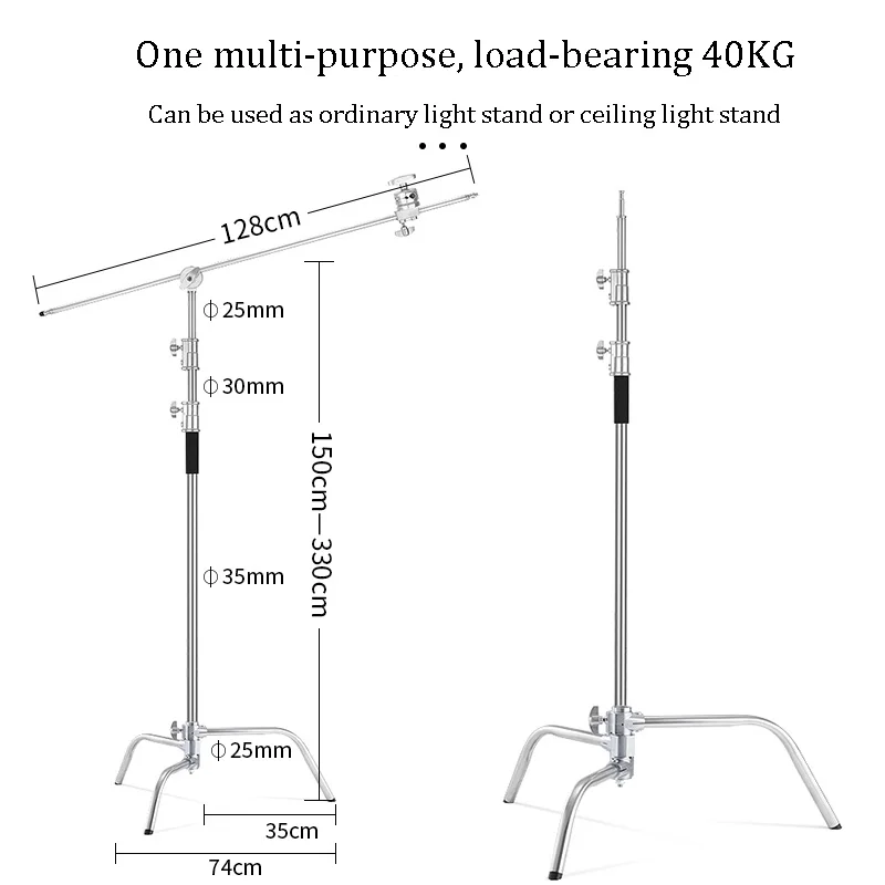 T & YFOTOP C-soporte de acero inoxidable, altura máxima de 3,3 m, 128cm, con brazo de sujeción, Godox VL150, AD300Pro, AD400Pro, Aputure 120D I