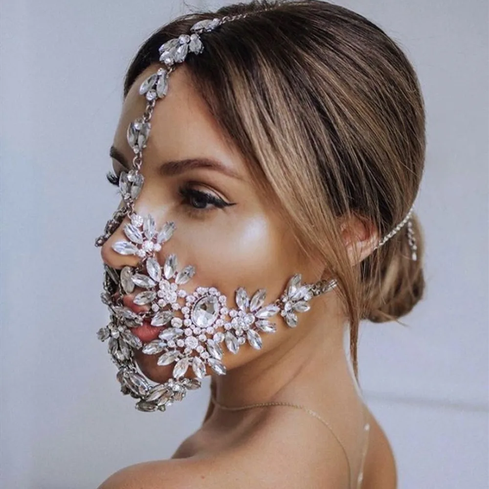 

Fashion Luxury Rhinestone Bling Mask Wedding Face Accessories for Women Handmade Crystal Flower Decorative Masks Jewelry Gift