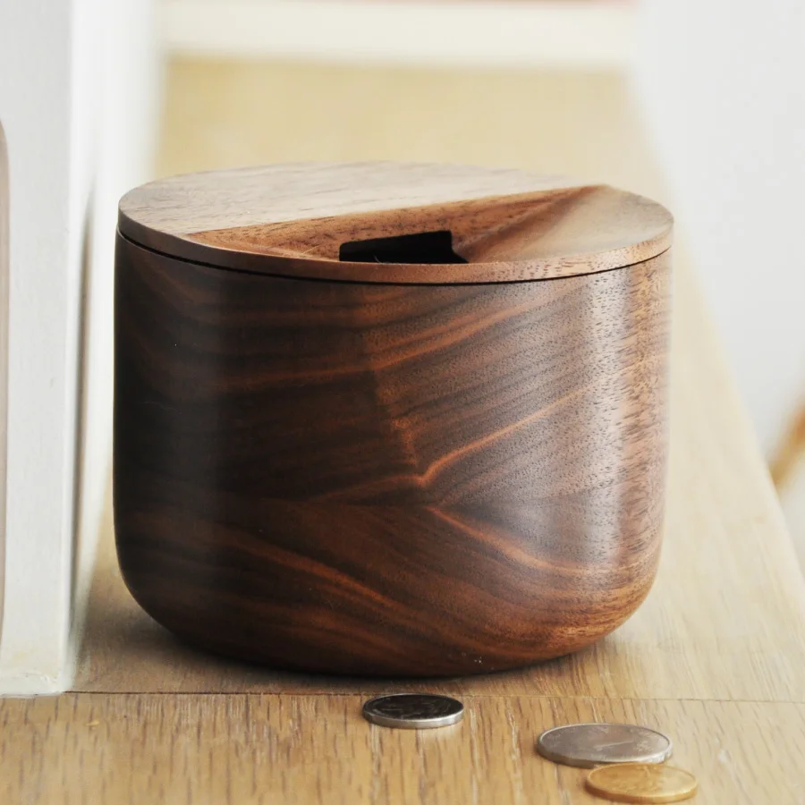 

Деревянный ящик для хранения монет в японском стиле с крышкой, креативная копилка, экологичный Настольный органайзер из натурального черного ореха, коробка для хранения веранды