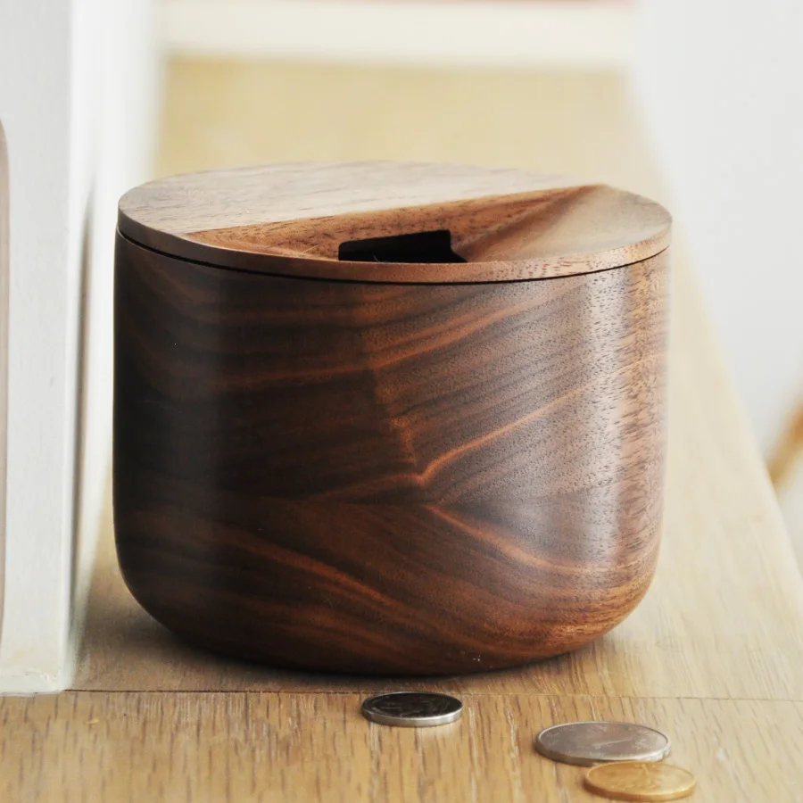 Japan Style Wooden Coins Storage Box with Lid Creative Piggy Bank Eco Natural Black Walnut Desk Organizer Porch Storage Box