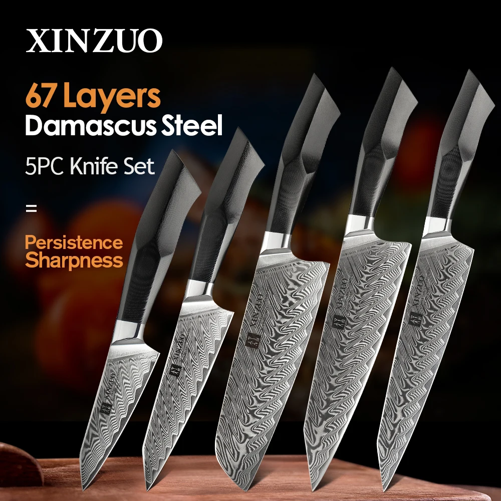 XINZUO 5 Pcs Kitchen Knife Set 67 Layers Damascus Steel Santoku Cleaver Chef  Knives with G10 Handle Professional Chef\'s Tools