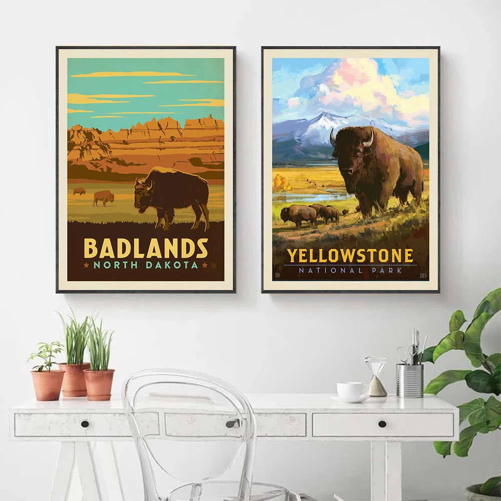 Badlands North Dakota Poster and Yellowstone National Park American Bison Canvas Prints Pictures For Living Room Home Decor