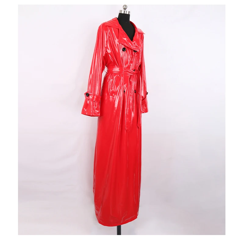 Nerazzurri Autumn Extra Long Soft Red Reflective Shiny Patent Leather Trench Coat for Women Double Breasted Maxi Korean Fashion