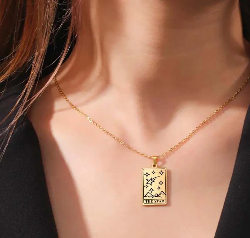 Unift Tarot Cards Necklace Moon Sun The Lovers Witch Divination Pendant Hope Amulet Stainless Steel Vintage Protection Jewelry