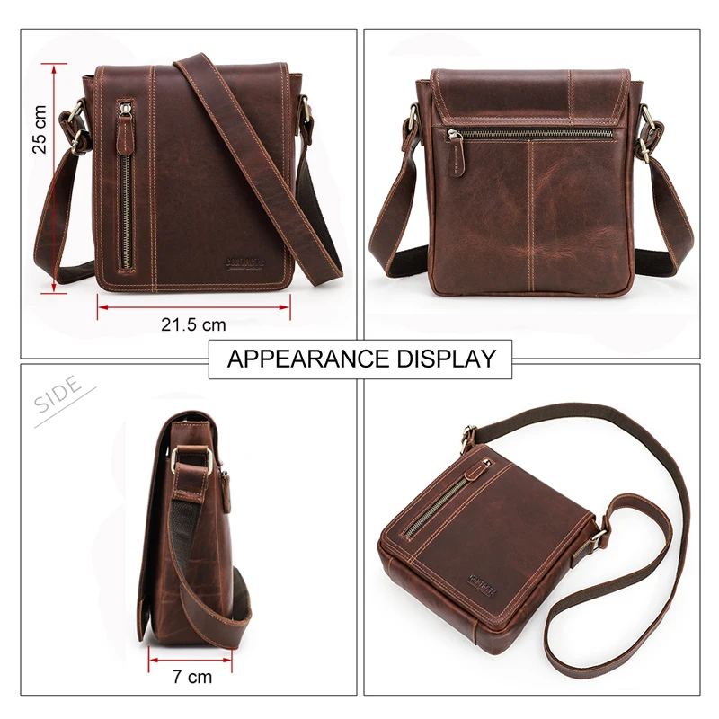 CONTACT\'S Business Men\'s Shoulder Bags Crazy Horse Leather Messenger Bag Flap Casual Male Small Crossbody Bag for 7.9 Inch iPad