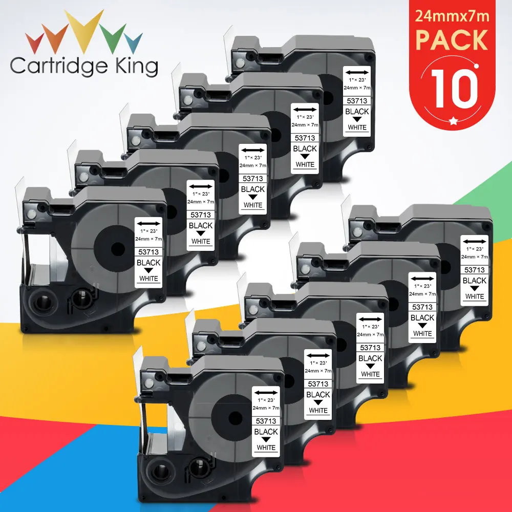 

10PK 24mm Label Tape 53713 for DYMO D1 Black on White Cassette Ribbon Compatible for Dymo MobileLabeler LabelManager 450D 500TS