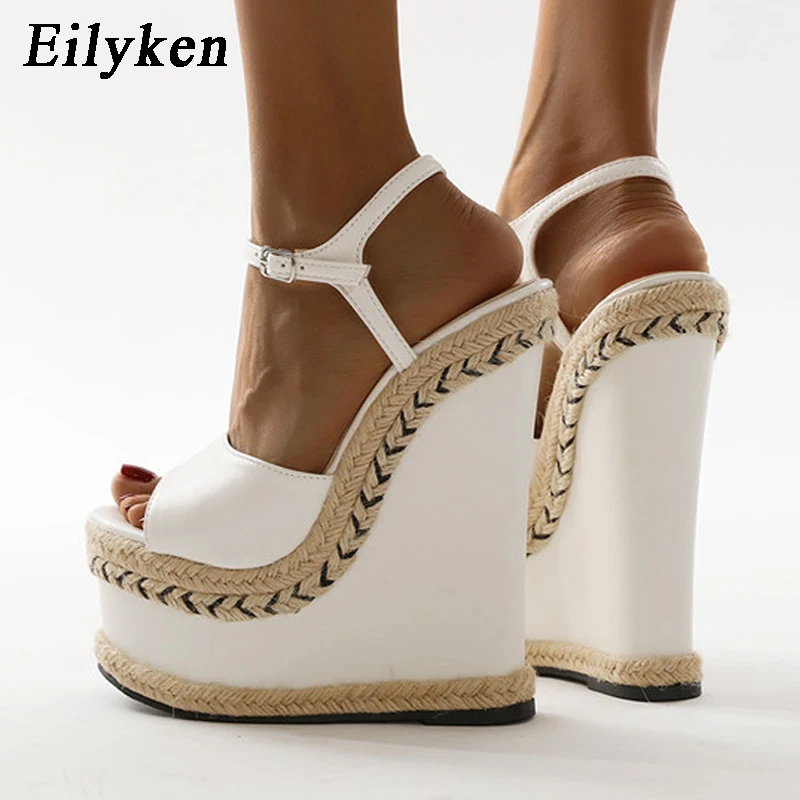 Eilyken Size 35-42 White Sandals For Women Summer Fashion Open Toe Ankle Buckle Strap Platform Wedge High Heels Dress Lady Shoes