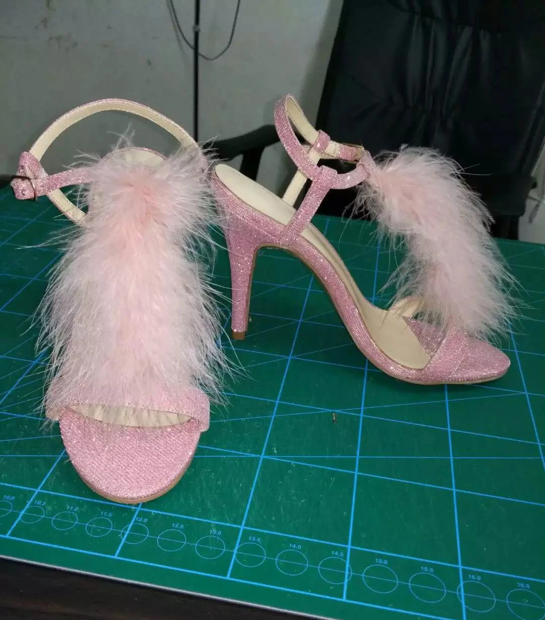 Pink Feather Fur T- Strap Sandals Women Sequined Leather Ankle Strap Thin Heel Sandal Woman Peep Toe Cut Out Party Dress Shoes