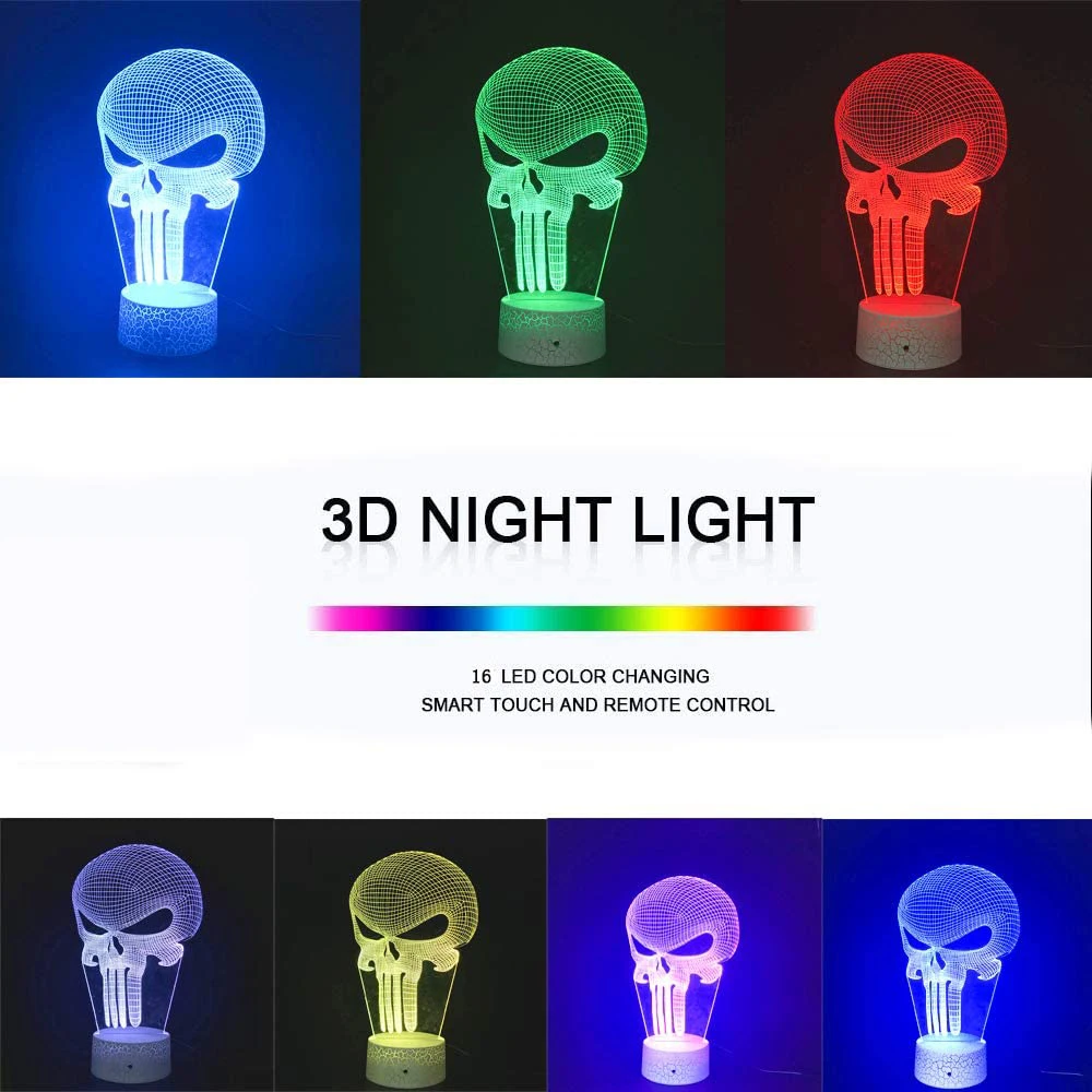 16 Color Change Punisher 3D NightLight USB Battery Powered Touch Illusion Lamp With Remote For Christmas Halloween Birthday Gift