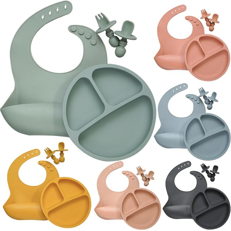 Baby Silicone Tableware Set Infant Solid Color Waterproof Bib Newborn Feeding Burp Cloth Toddler Dinner Plate And Mini Spoon