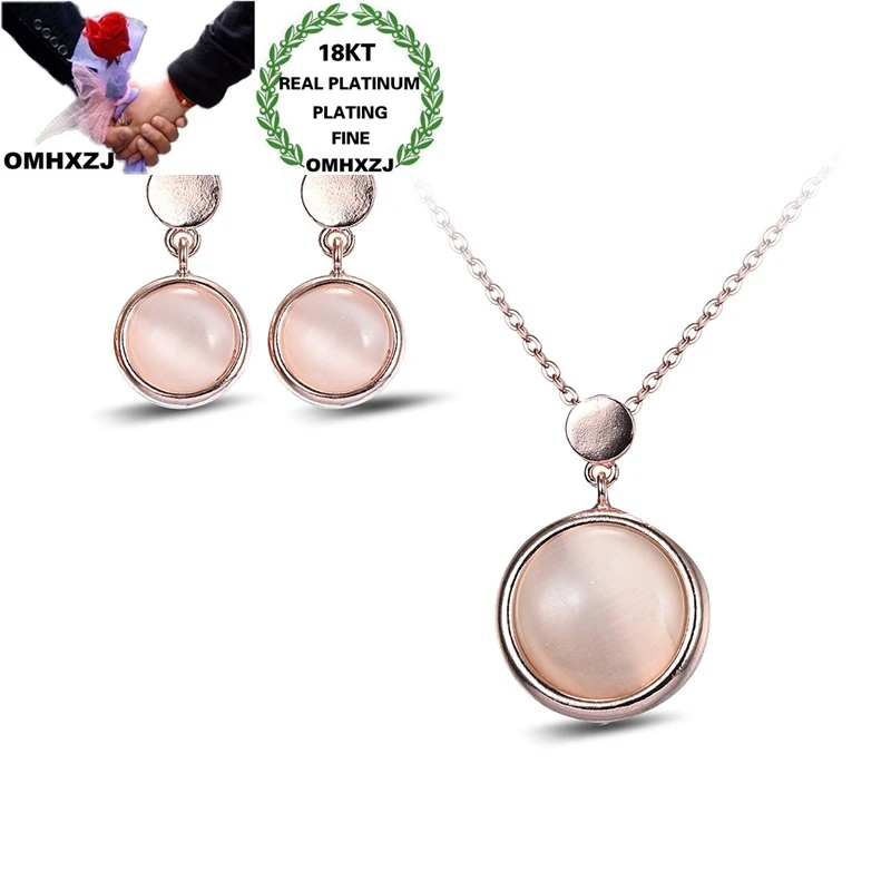 OMHXZJ Wholesale JE62 Fashion Woman Party Birthday Wedding Gift Round Cat Eye 18KT Rose Gold Necklace+Stud Earrings Jewelry Set