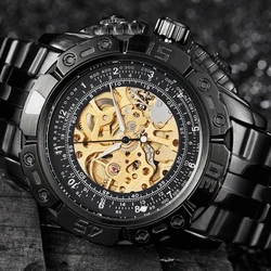 Luxury Black Gold Mechanical Watch for Men Full Steel Skeleton Wristwatch Automatic Self-winding Clock Over-sized Big Dial Reloj