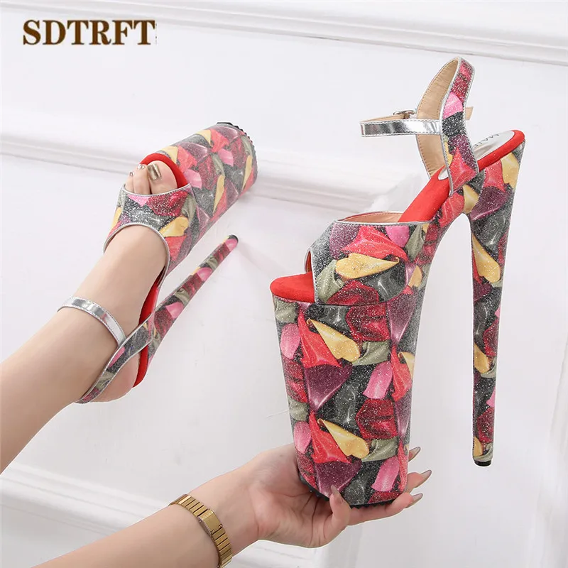 SDTRFT Stiletto Ladies Sandals 16cm Platform Shoes Women 26cm Thin high heels zapatos mujer Stripper Flowers Pumps Free shipping