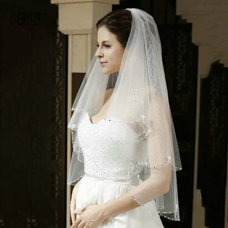 JIERUIZE Charming Veu De Noiva สีขาว/งาช้างเจ้าสาว2ชั้น Soft Tulle อุปกรณ์เสริม Wedding Veils คริสตัล