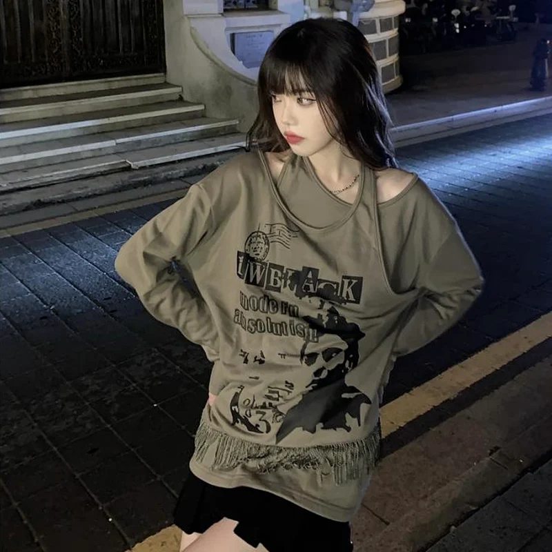 KOSAHIKI Women Letter Print Halter Top Sweatshirts Korean Y2k Fashion Pullover Long Sleeve Spring Autumn Casual Loose Hoodie