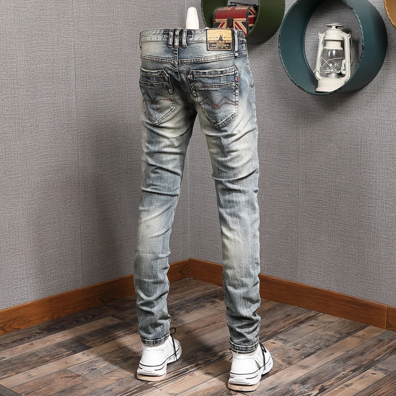 Vintage Jeans Men Streetwear Casual Slim Fit Straight Pants Retro Blue Cotton Denim Trousers
