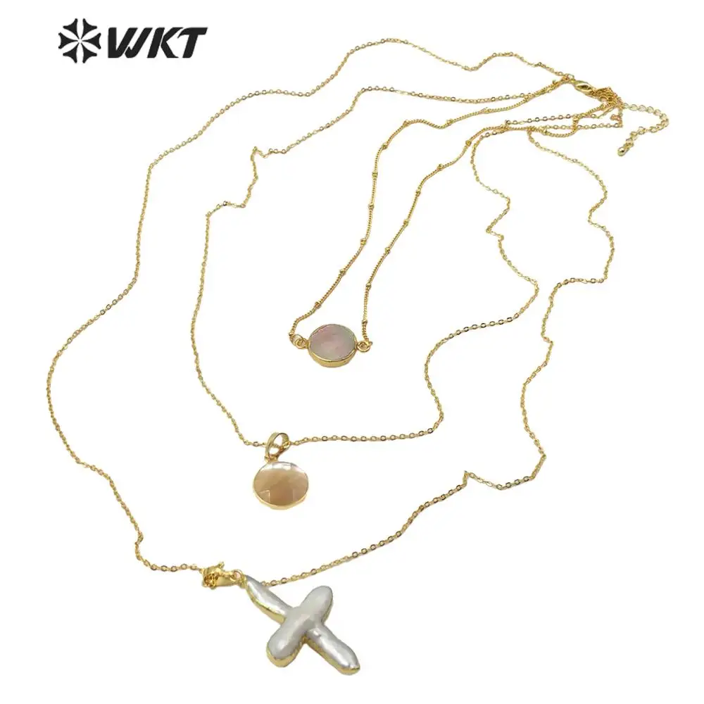 

WT-JN109 WKT Natural Pearl Necklace Cross Shape Pearl & Round Pendant Gold Electroplated Necklace Women Fashion Necklace Jewerly