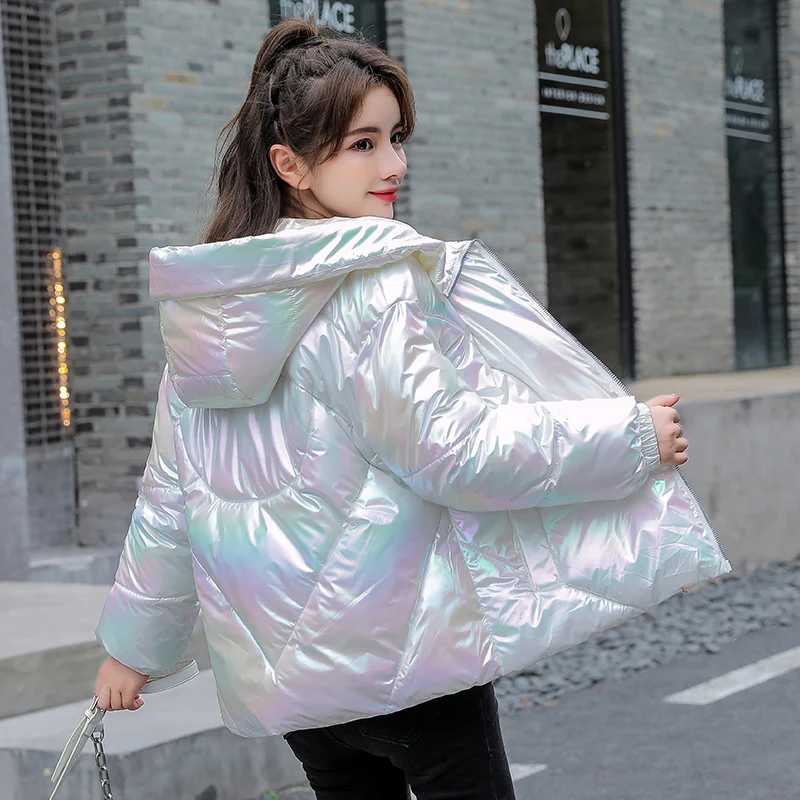 Nice Women's Winter Laser Cotton Paddded Jacket Thick Glossy Warm Short Parkas for Female Hooded Waterproof Bubble Coat Outwear