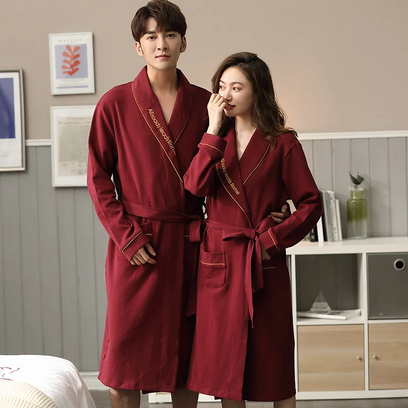 M-4XL Spring Autumn Bathrobe Couples Cotton Kimono Wedding Festive Red Robes For Male Long Bath Robe Bride Robe Dressing Gown