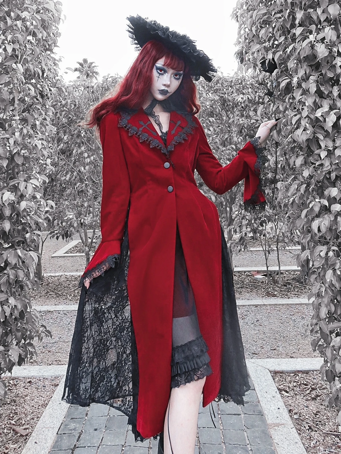 Blood Supply Original Design Red Wine Bloody Vampire Velour Slit Slim Long Blends Lace Patch Gothic Holloween Jackets Long Women