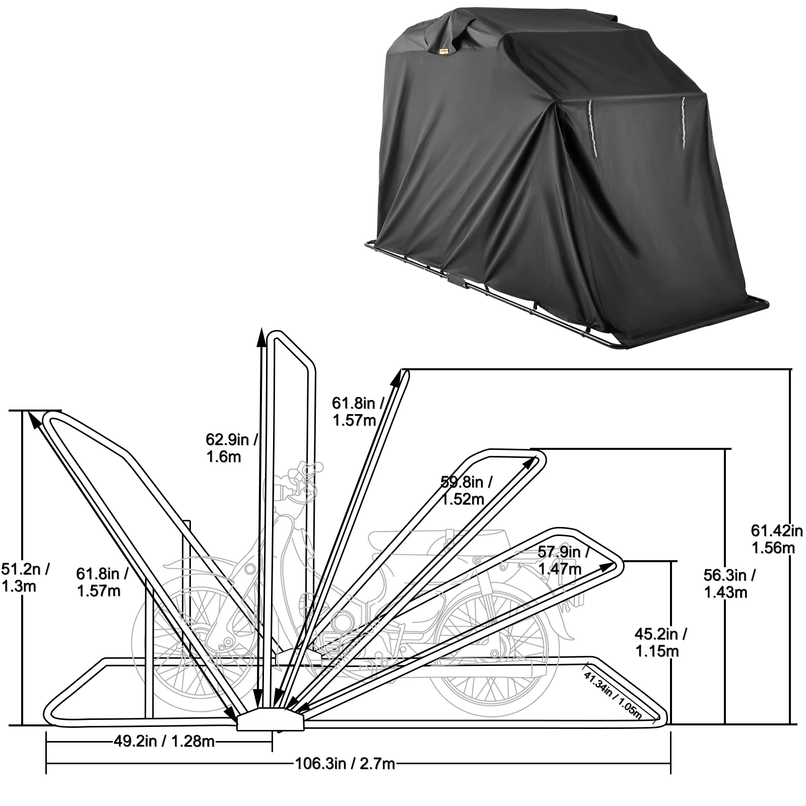 VEVOR Motorcycle Shelter Black Retractable Waterproof UV Protected Windproof Dustproof Anti-Fading Storage Cover Tent W/ Lock