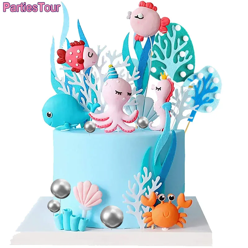 1pc Sea Ocean Birthday Cake Toppers Fish Seahorse Shell Octopus Figures Cake Decor Baby Shower Ocean Theme Birthday Party Decor