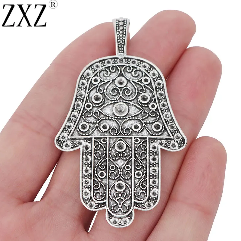 ZXZ 5pcs Tibetan Silver Large Hamsa Hand Charms Pendants for Jewelry Making Findings 70x40mm